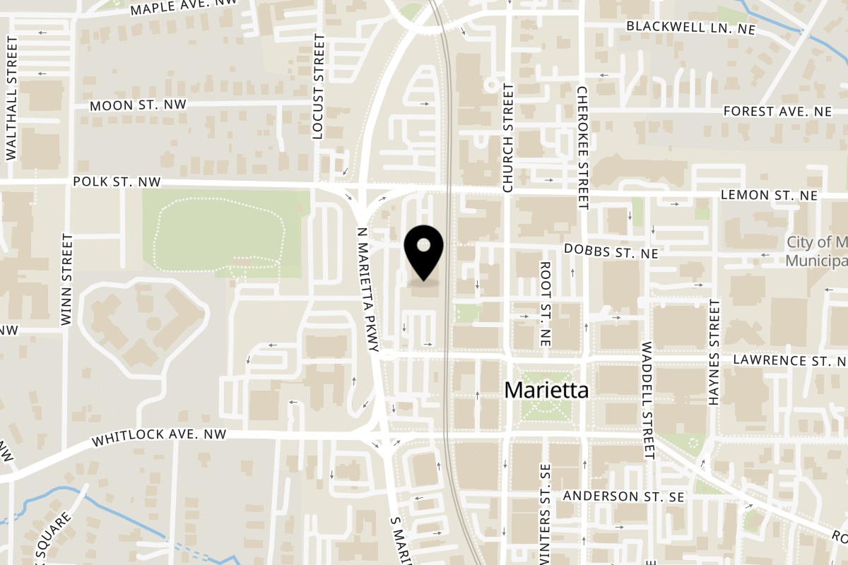 Map showing the location of D'Cuban Cafe Marietta on 68 North Marietta Pkwy NW in Marietta
